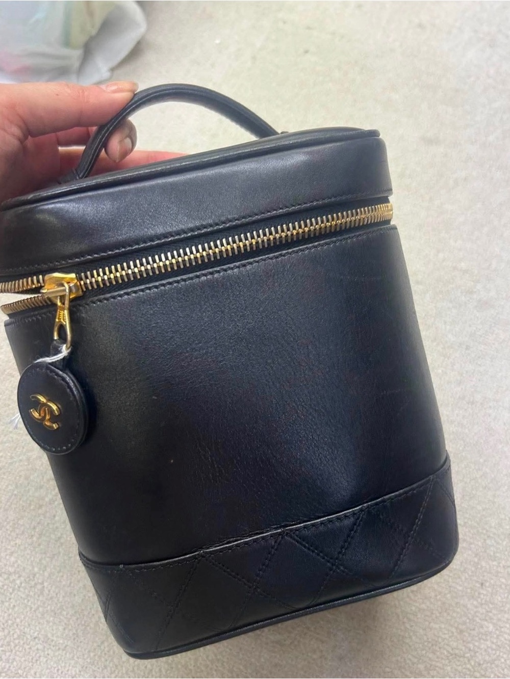 CHANEL Black Quilted Leather Vanity Bag with Gold Hardware